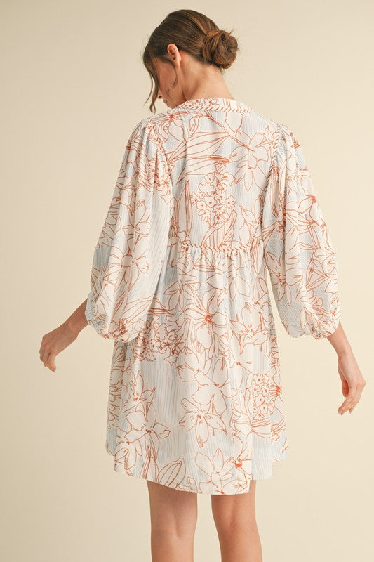 Toffee Floral Print 3/4 Sleeve Dress