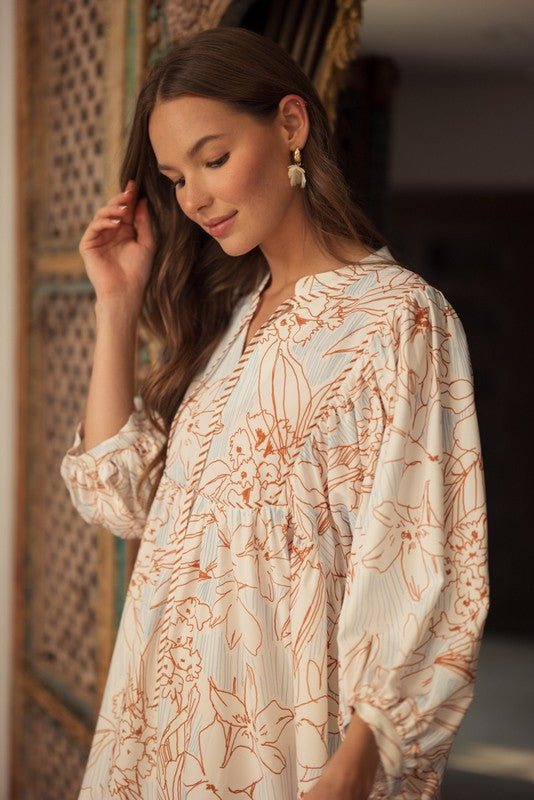 Toffee Floral Print 3/4 Sleeve Dress