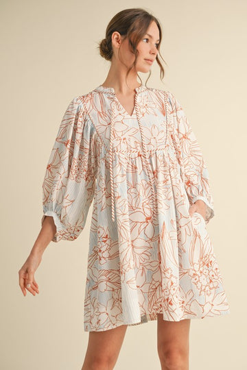 Toffee Floral Print 3/4 Sleeve Dress