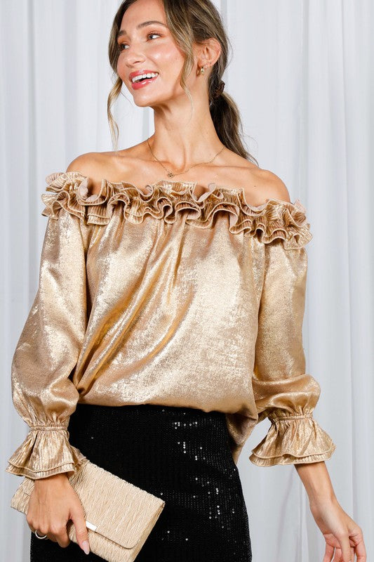 Pleated Ruffle Shoulder Metallic Gold Blouse