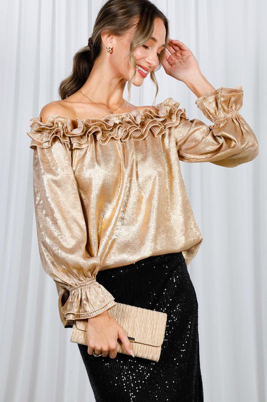 Pleated Ruffle Shoulder Metallic Gold Blouse