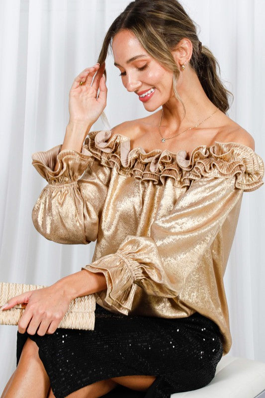 Pleated Ruffle Shoulder Metallic Gold Blouse