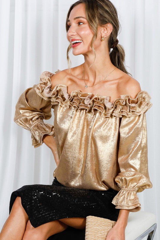 Pleated Ruffle Shoulder Metallic Gold Blouse