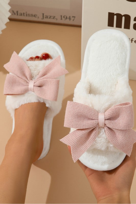 Pink Bow Fuzzy House Shoes