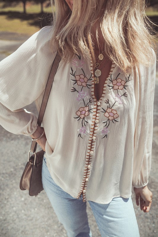 Textured Ivory Stitch & Embroidered Button Front Top