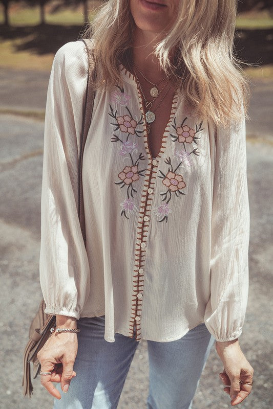 Textured Ivory Stitch & Embroidered Button Front Top