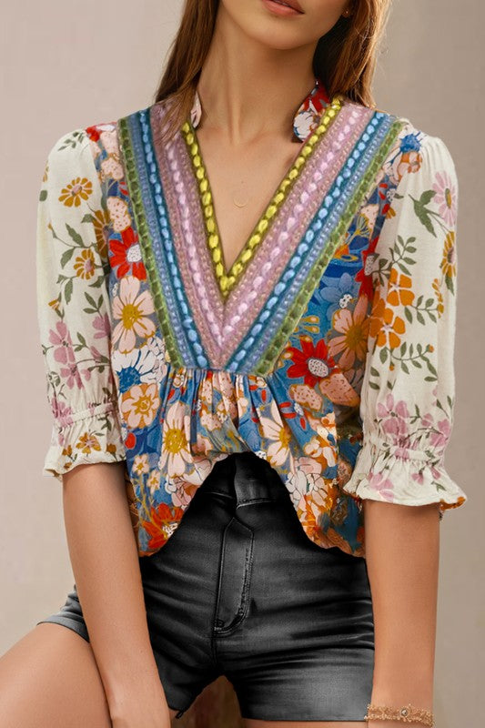 Boho Embroidered V Neck Top - 2