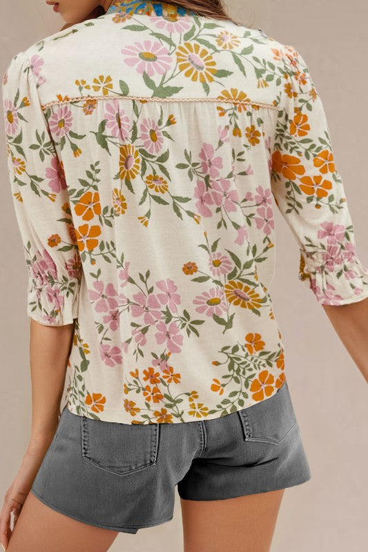 Boho Embroidered V Neck Top - 2