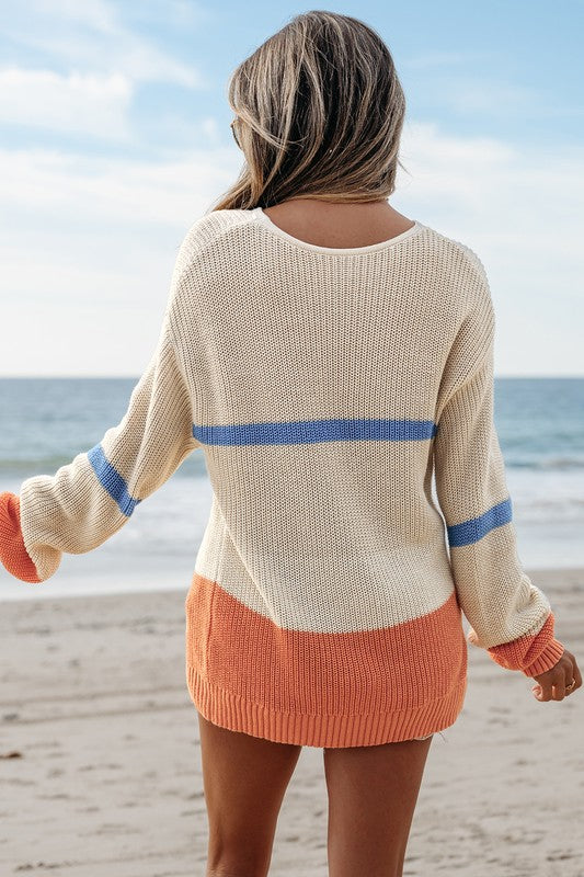 Peach Combo Color Block Knit Pullover