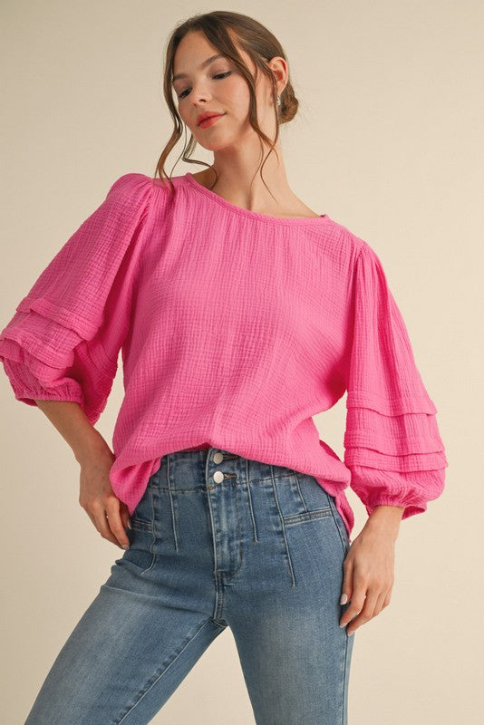 Cotton Gauze Bubble Gum Bubble Sleeve Top