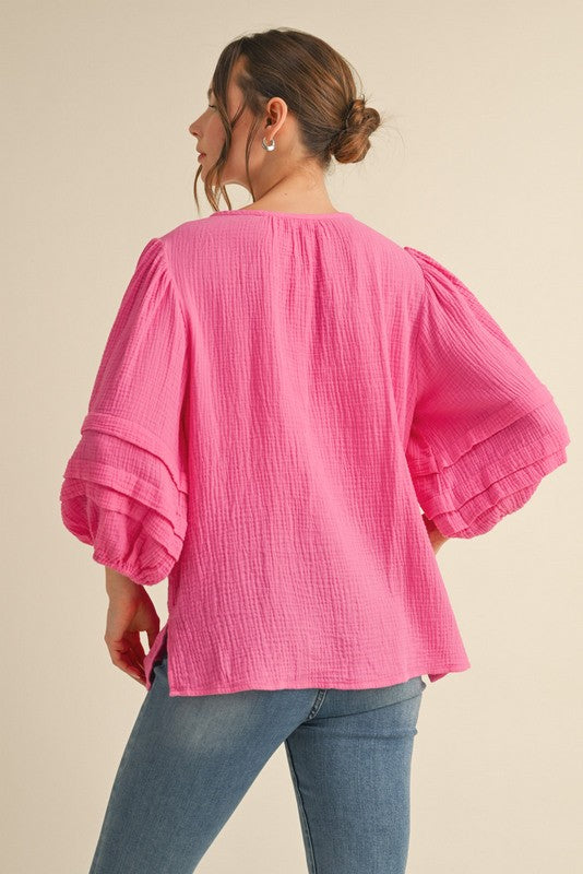 Cotton Gauze Bubble Gum Bubble Sleeve Top