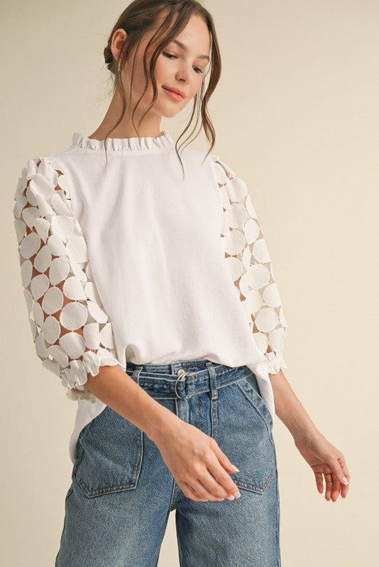 White Dot Lace Sleeve Top