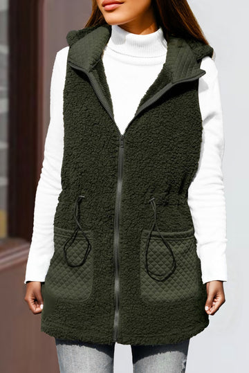 Green Quilt Pocket Zipper Plush Vest