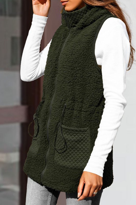 Green Quilt Pocket Zipper Plush Vest