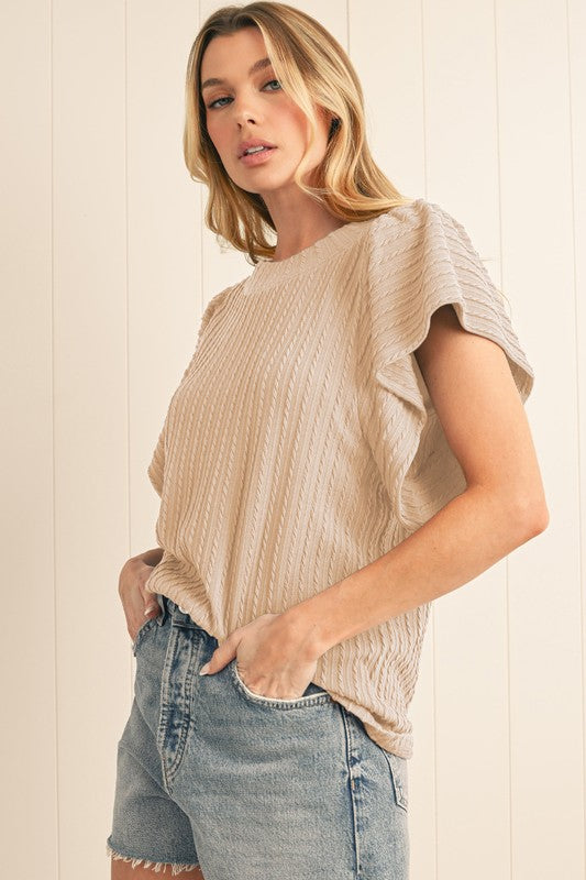 Cable Knit Texture Flutter Sleeve Top