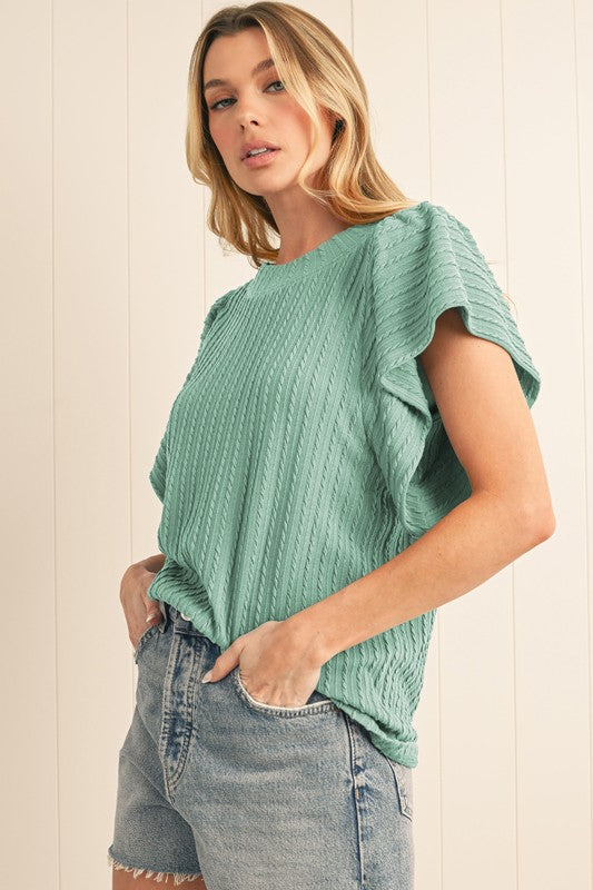 Cable Knit Texture Flutter Sleeve Top