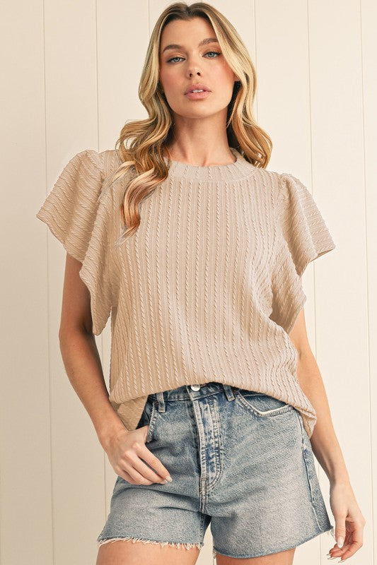 Cable Knit Texture Flutter Sleeve Top