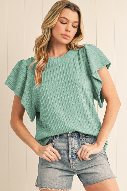 Cable Knit Texture Flutter Sleeve Top