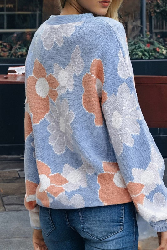 Blue Floral Crew Neck Sweater