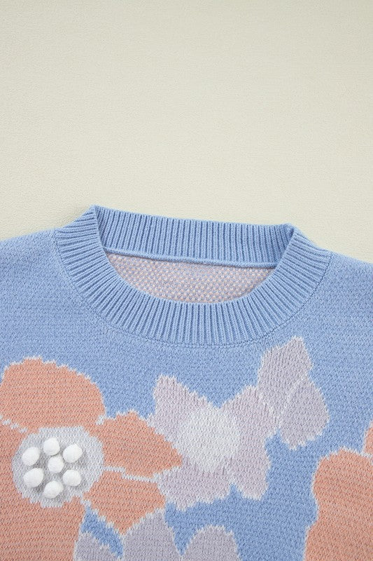 Blue Floral Crew Neck Sweater