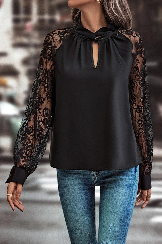 Black Lace Sleeve Keyhole Top