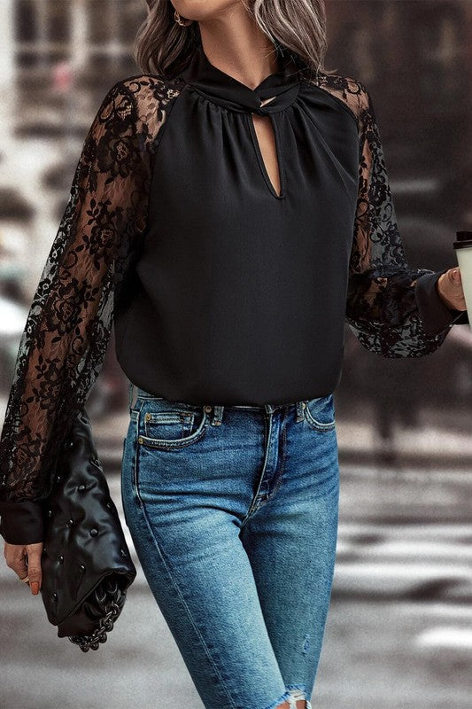 Black Lace Sleeve Keyhole Top