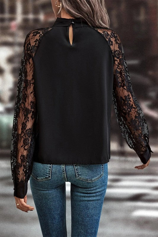 Black Lace Sleeve Keyhole Top