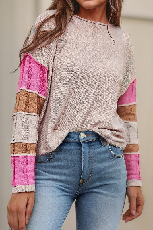 Exposed Patchwork Seam Sleeve Sweater