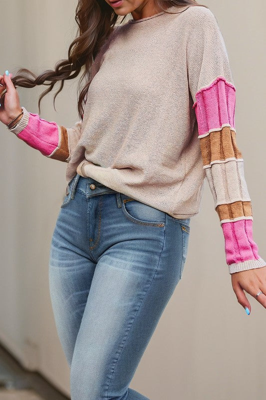 Exposed Patchwork Seam Sleeve Sweater