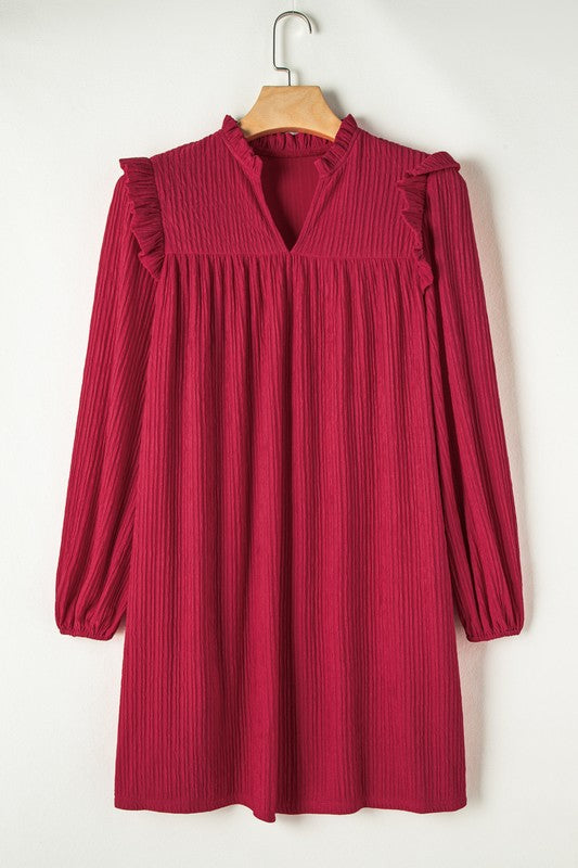 Red Frill Ribbed V Neck Dress