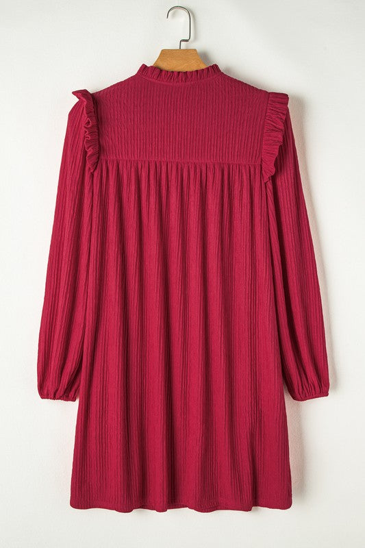 Red Frill Ribbed V Neck Dress