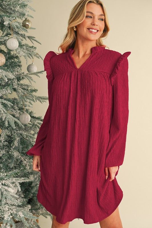 Red Frill Ribbed V Neck Dress