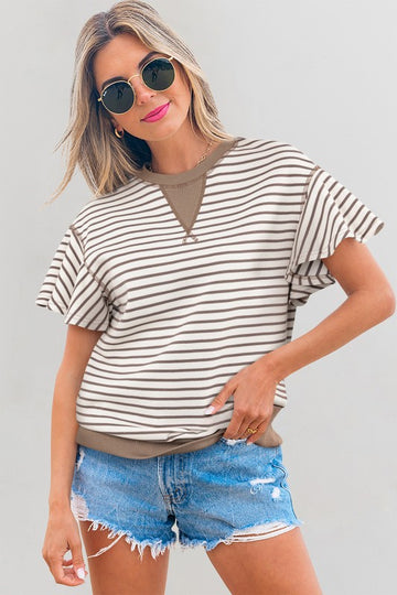 Ruffle Sleeve Striped Crew Neck Top