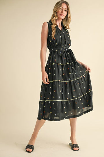 Black Sleeveless Embroidered Floral Midi Dress