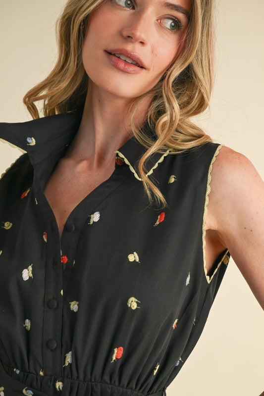 Black Sleeveless Embroidered Floral Midi Dress