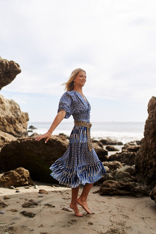Blue Mix Tiered Midi Dress