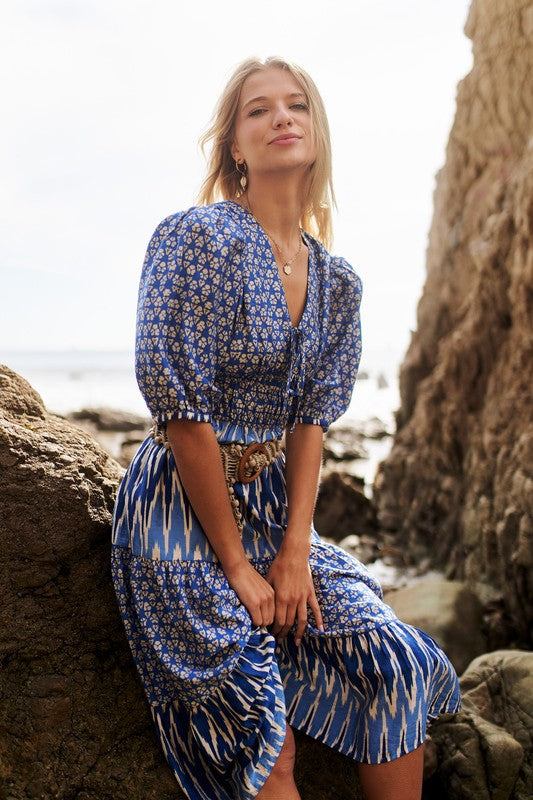 Blue Mix Tiered Midi Dress