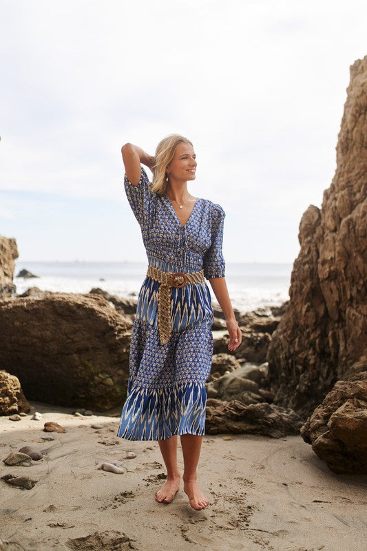 Blue Mix Tiered Midi Dress