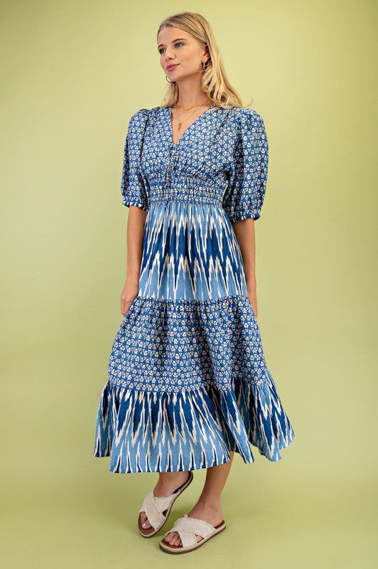 Blue Mix Tiered Midi Dress