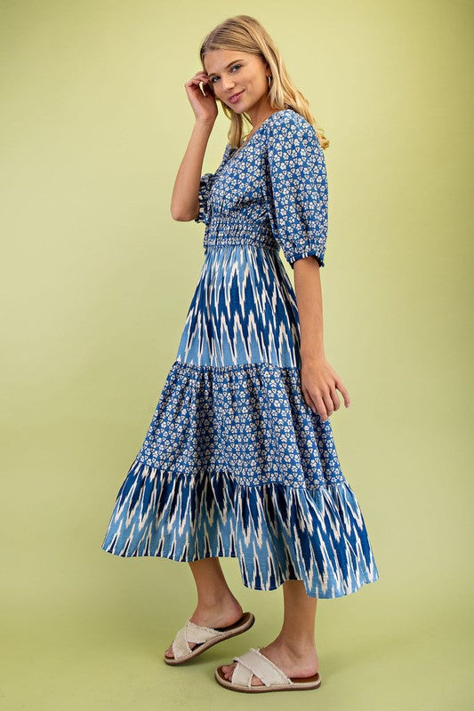 Blue Mix Tiered Midi Dress