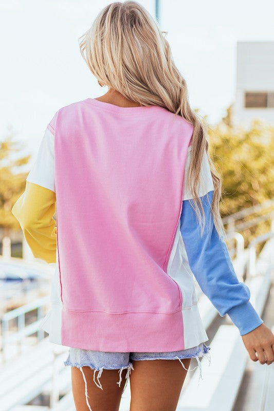 Colorful Color Block Exposed Seam Pullover