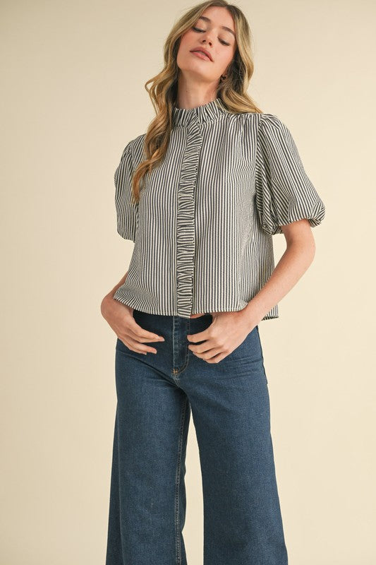 Stripe & Ruffle Button Front Blouse