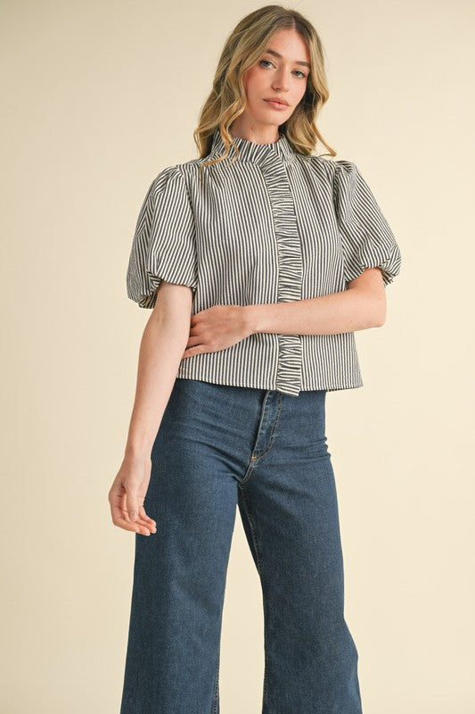 Stripe & Ruffle Button Front Blouse