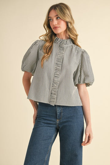 Stripe & Ruffle Button Front Blouse