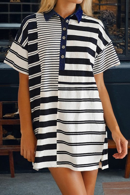 Black Mix Stripe Collared Shirt Dress