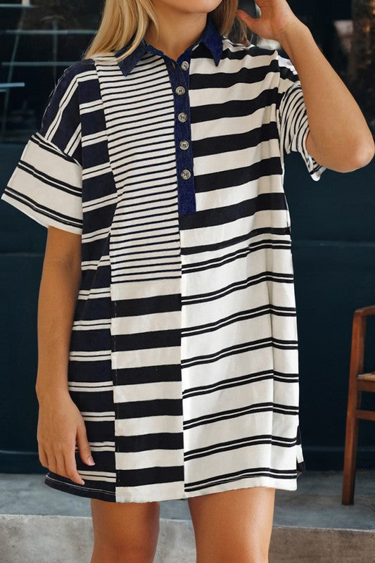 Black Mix Stripe Collared Shirt Dress