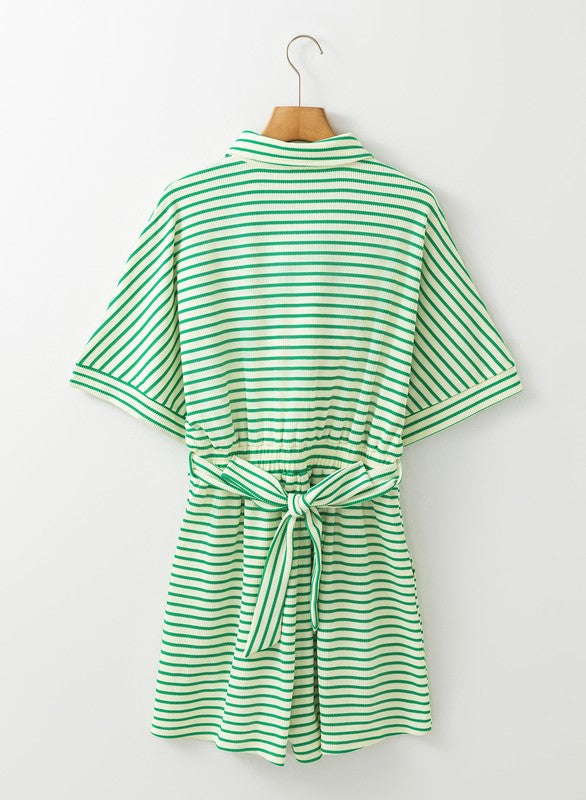 Green Stripe Tie Front Romper