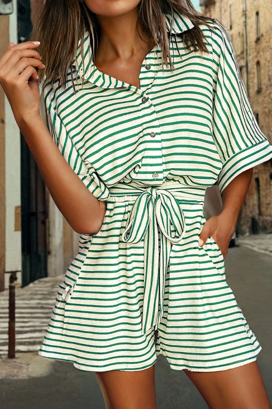 Green Stripe Tie Front Romper