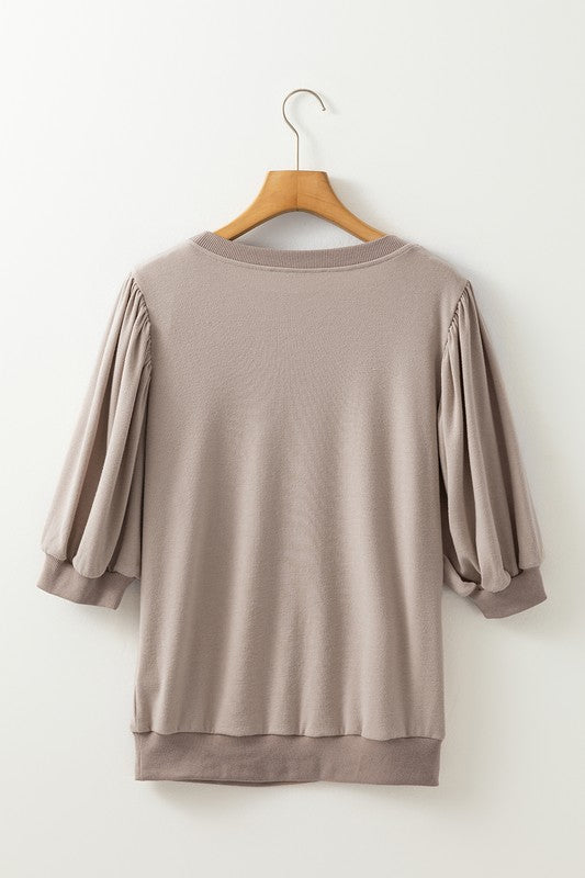 Khaki Contrast Lantern Sleeve Top