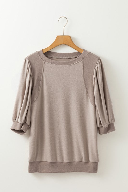 Khaki Contrast Lantern Sleeve Top